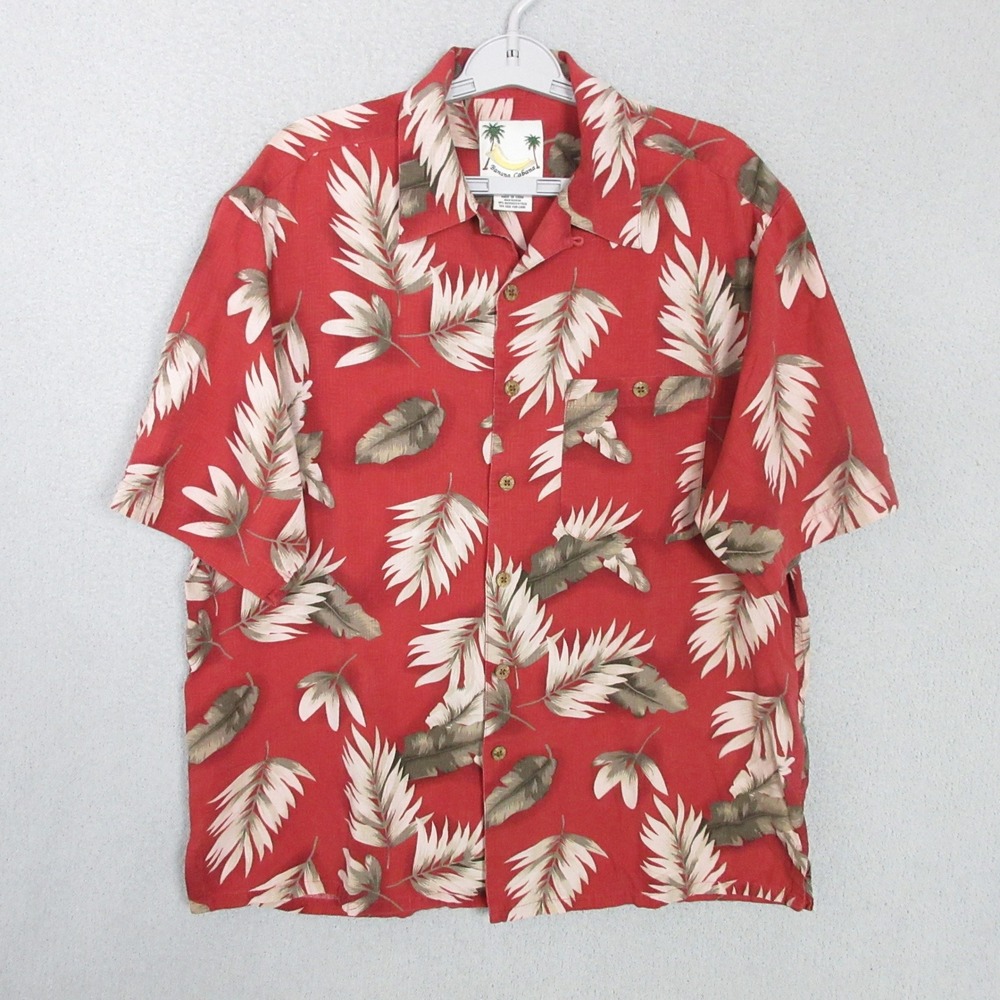 Banana Cabana Mens Large Red 100% Silk Tropical Palm Leaf Hawaiian Camp Shirt